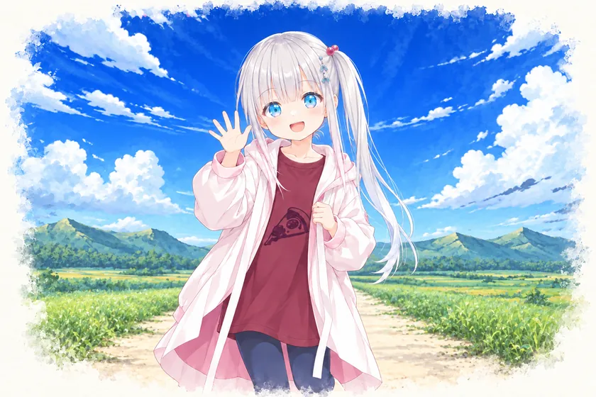 同人插画：穂乃夏穿着粉色外套，在夏日小路上开心挥手