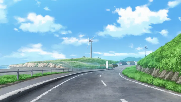 通向海边的道路与远处的风车